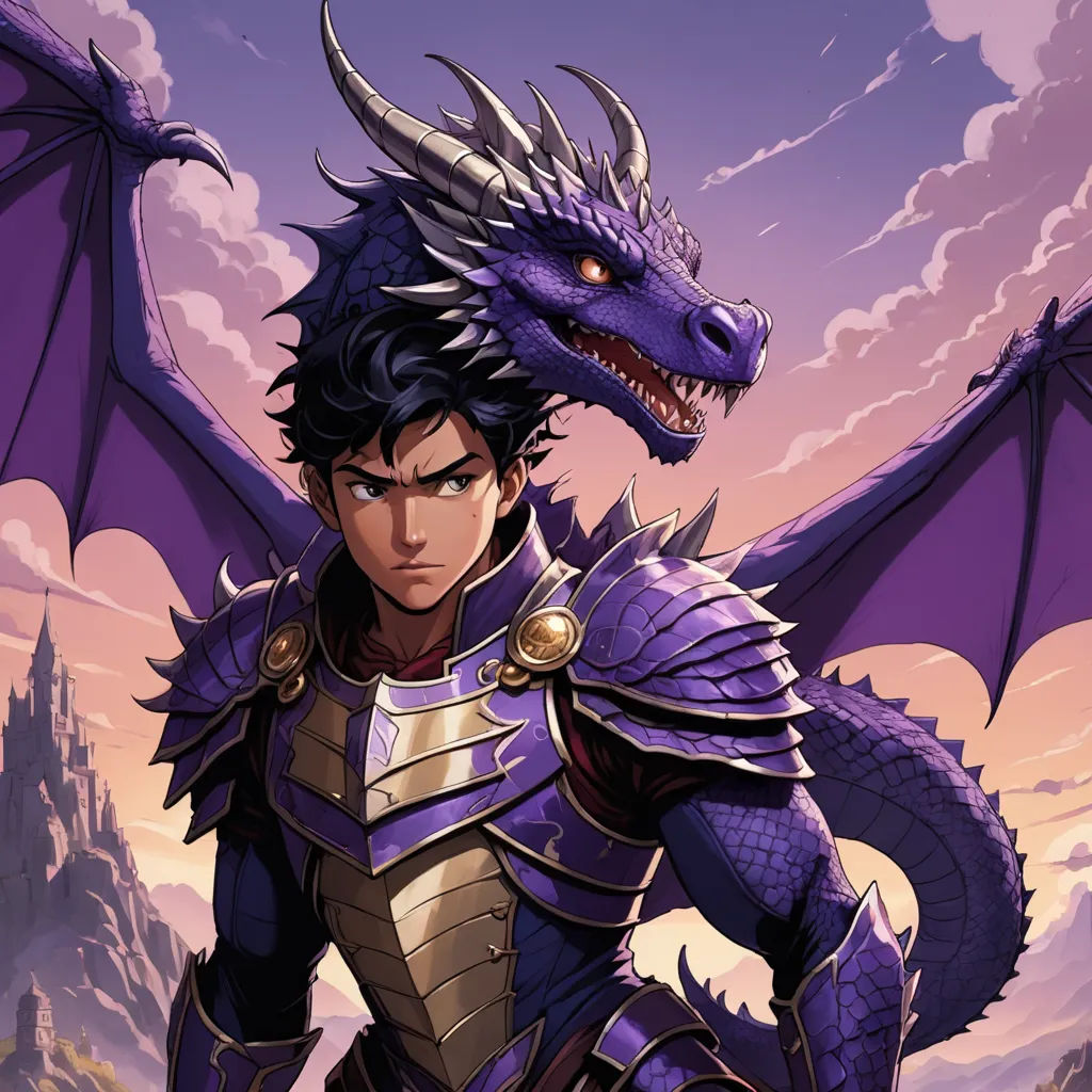 a man in armor with a dragon on his shoulder and a purple dragon on his shoulder, standing in front of a purple sky, sots art, concept art, Cedric Seaut (Keos Masons), official art