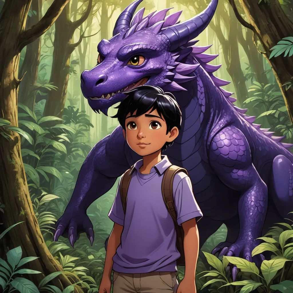 a boy and a dragon in a forest with trees and bushes behind him, with a boy standing in front of a purple dragon, fantasy art, a storybook illustration, Adam Rex, comic cover art