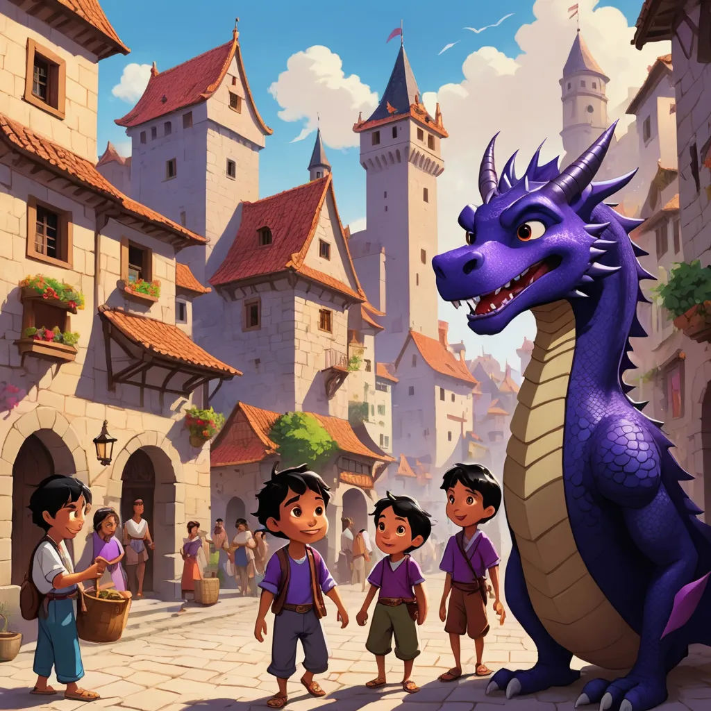 a group of children standing in front of a dragon in a cartoon style scene with a castle in the background, sots art, a storybook illustration, Diego Gisbert Llorens, official art