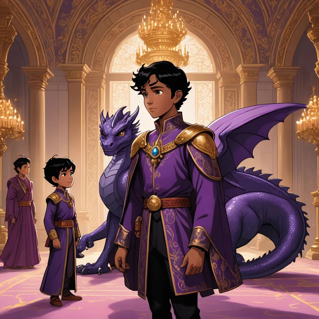 a man in a purple outfit standing next to a dragon and a woman in a purple dress and a chandelier, sots art, concept art, Altoon Sultan, official art