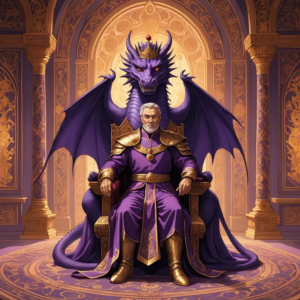 a man sitting on a throne with a dragon on top of it, in front of a doorway,, fantasy art, a detailed painting, Donato Giancola, purple