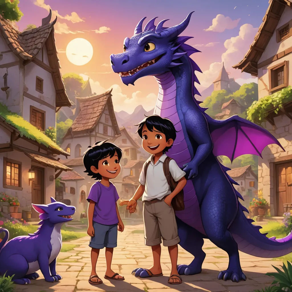a boy and a girl standing next to a dragon in a village with a full moon in the background, sots art, a storybook illustration, Diego Gisbert Llorens, official art