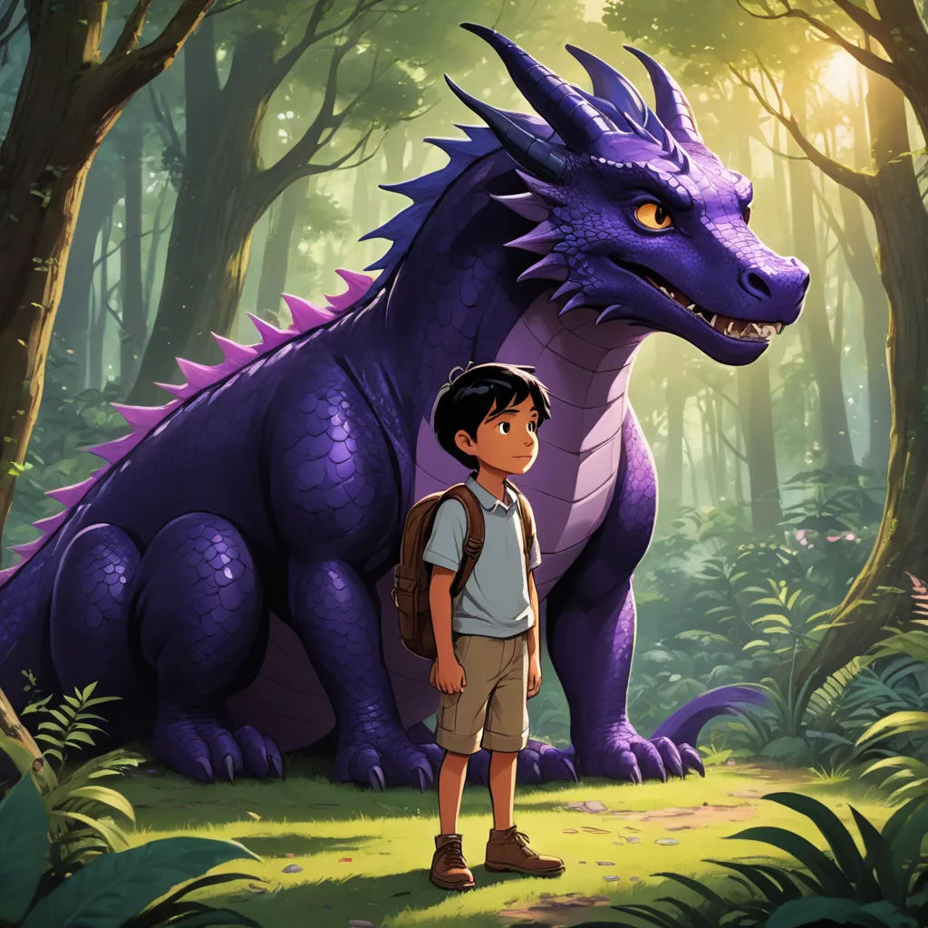 a boy standing next to a purple dragon in a forest with trees and bushes behind him, with a backpack on his shoulder, sots art, a storybook illustration, Abidin Dino, official art