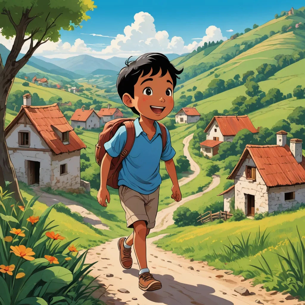 a boy is walking down a path in a rural area with houses and a tree in the background, with a path leading to a village, american scene painting, a storybook illustration, Alejandro Burdisio, official art