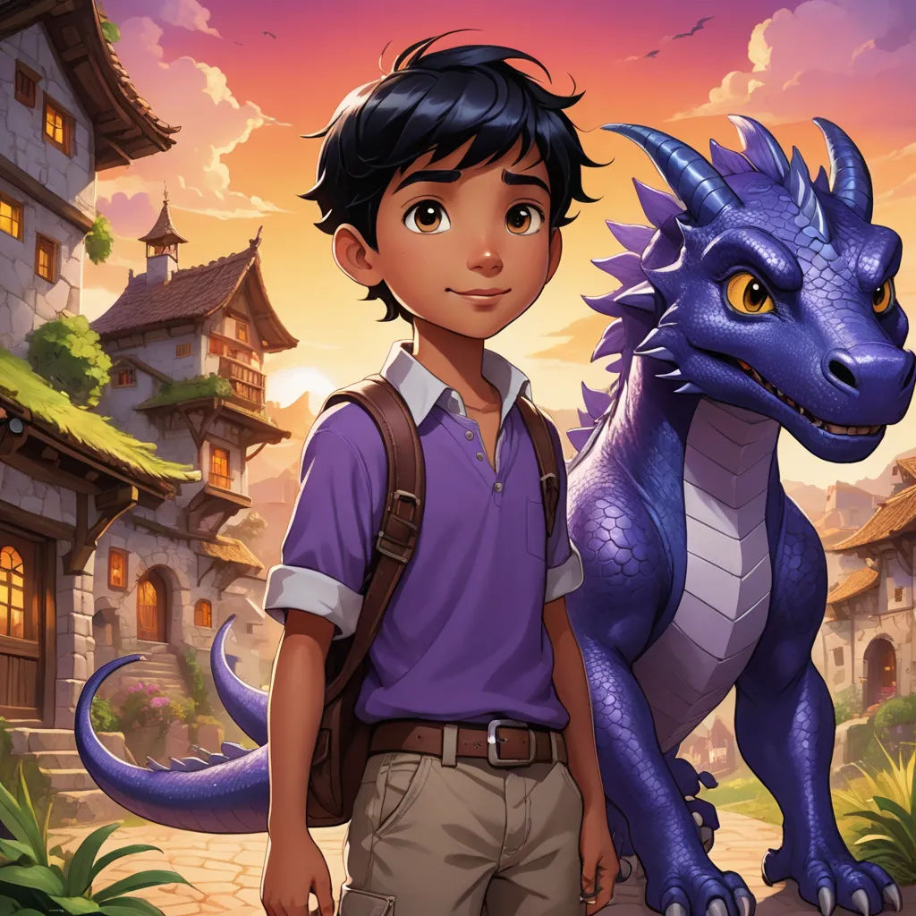 a boy standing next to a dragon in front of a building with a sky background and a sunset behind him, sots art, concept art, Cliff Childs, key art