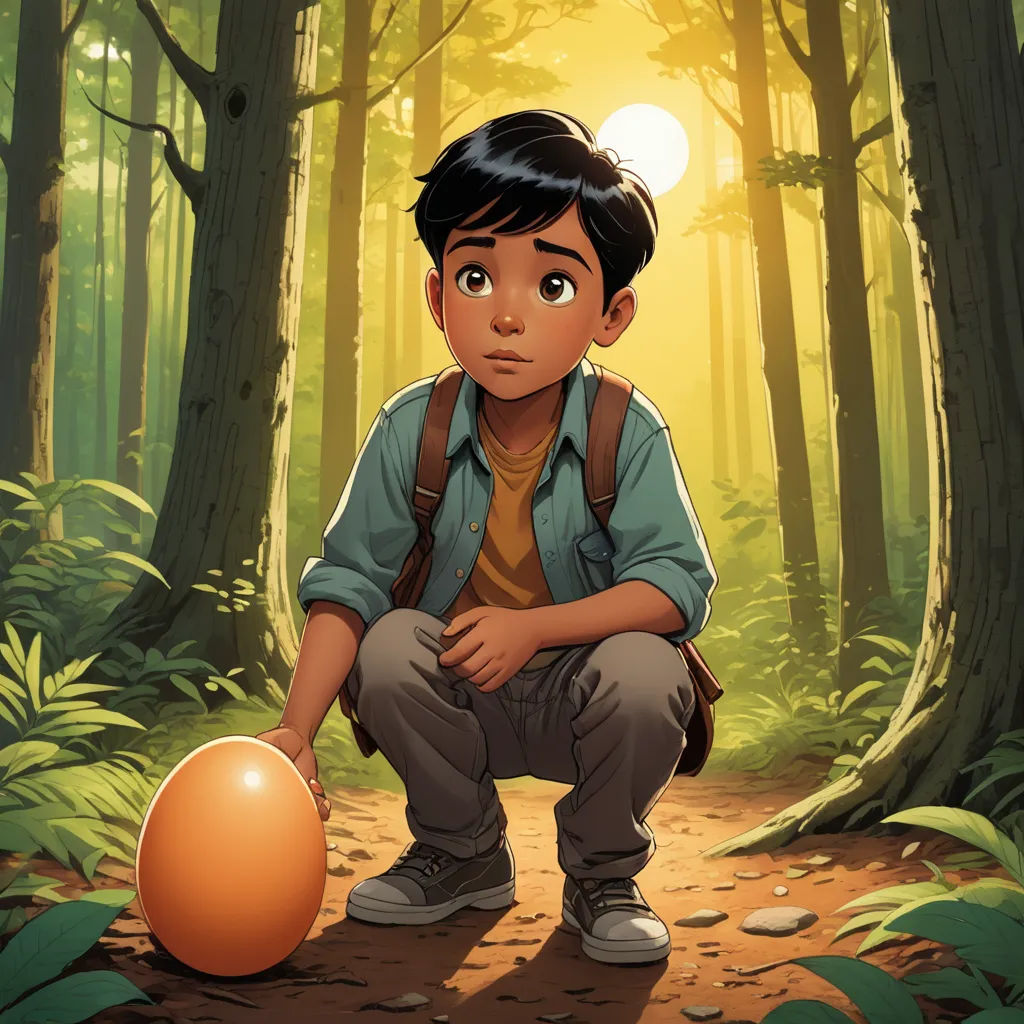 a boy kneeling down in the woods with a ball in his hand and a backpack on his shoulder, looking at the ground, process art, poster art, Aaron Jasinski, comic cover art