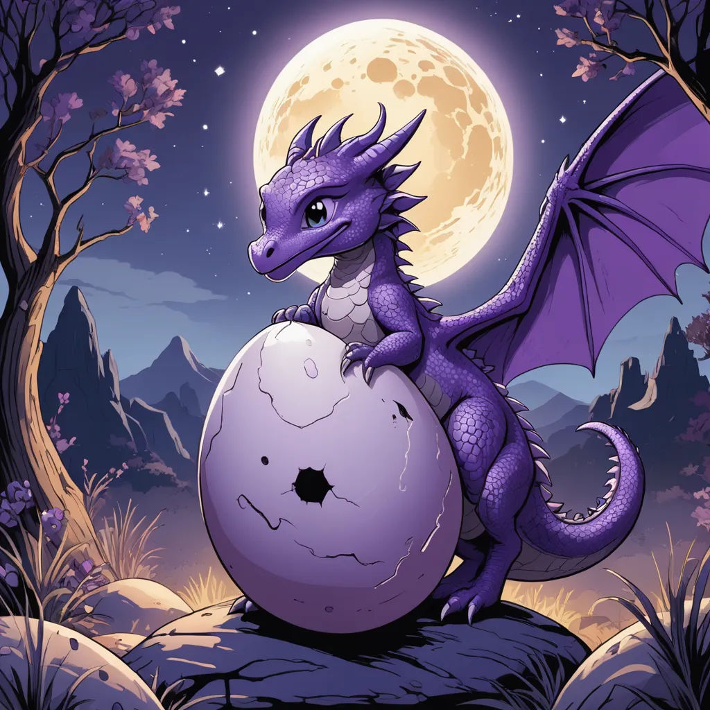 a purple dragon sitting on a rock with a full moon in the background and a tree in the foreground, fantasy art, poster art, Anne Stokes, purple