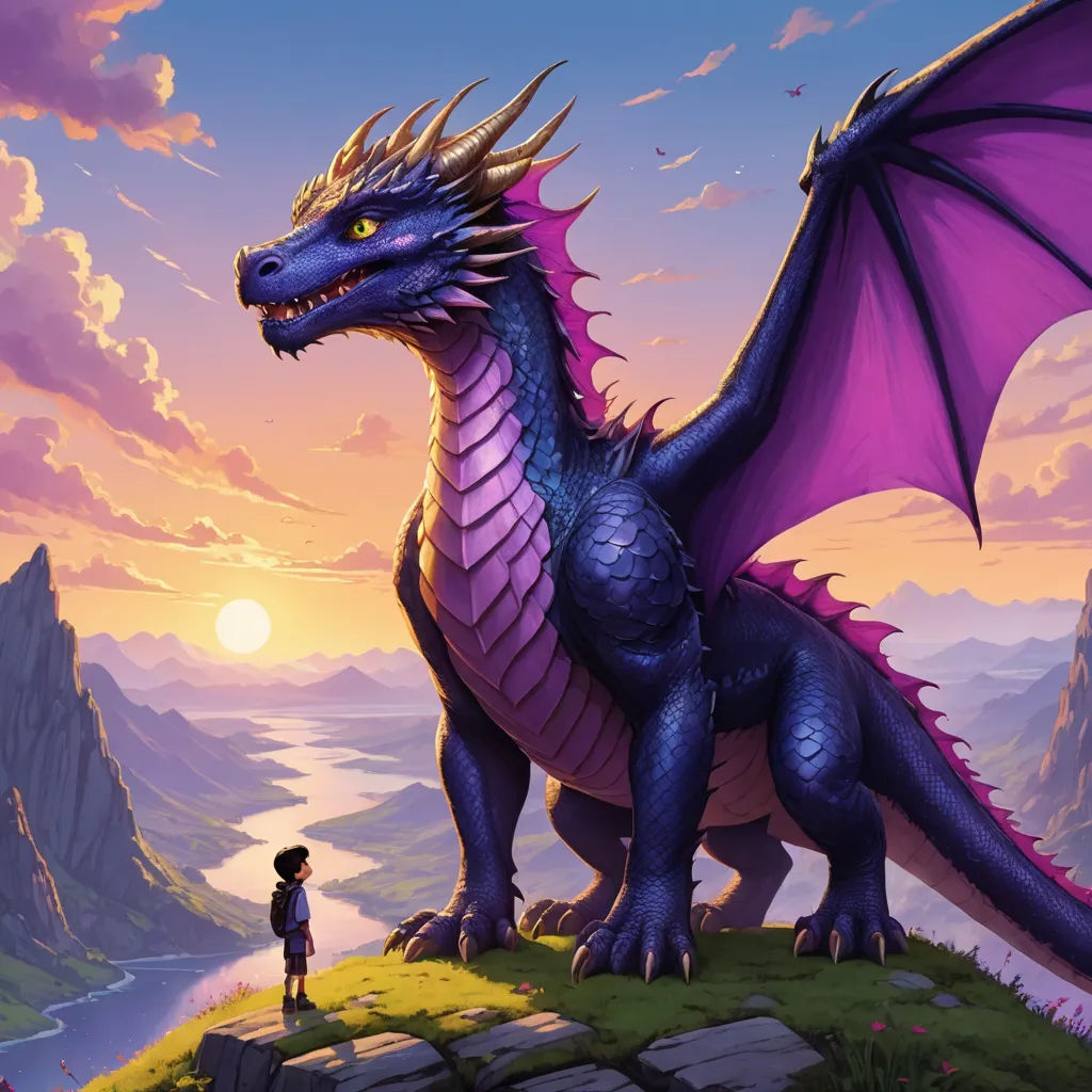 a dragon standing on a hill with a person looking at it in the distance with a sunset in the background, fantasy art, a storybook illustration, Brothers Hildebrandt, dragon art