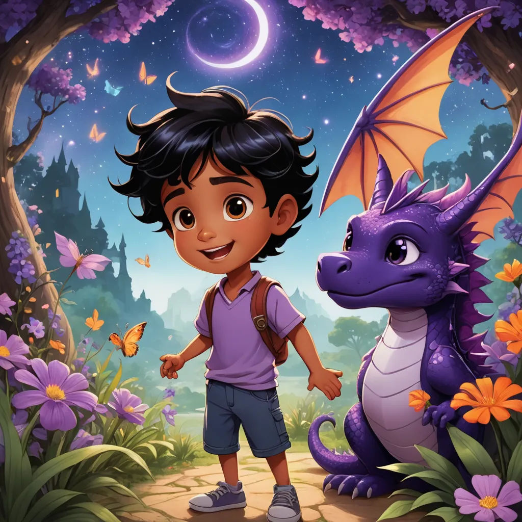 a boy and a dragon in a forest with butterflies and flowers around him, with a crescent above them, sots art, a storybook illustration, Drew Struzan, key art