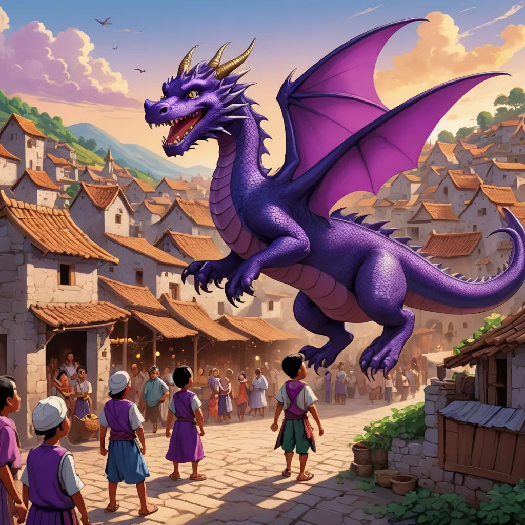 a purple dragon flying over a village with people walking around it and a crowd of people watching it from a distance, fantasy art, a storybook illustration, Chris LaBrooy, dragon art