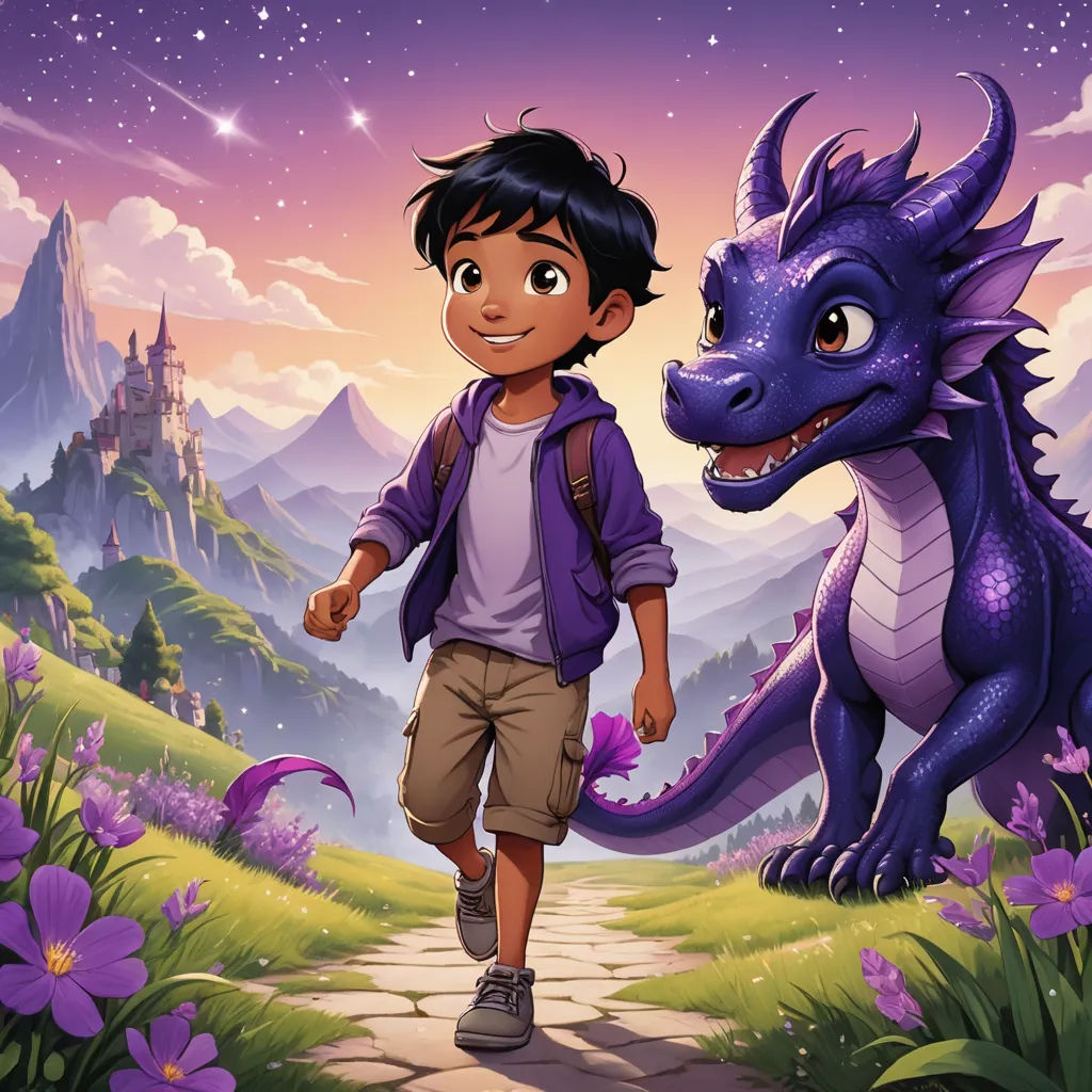 a boy and a dragon walking in a field of flowers with a castle in the background and a purple sky, sots art, a storybook illustration, Cliff Childs, promotional image