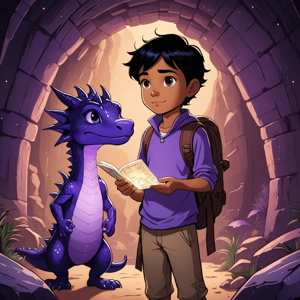 a boy is reading a book to a dragon in a cave with a light shining on him and a purple background, fantasy art, a storybook illustration, Diego Gisbert Llorens, comic cover art