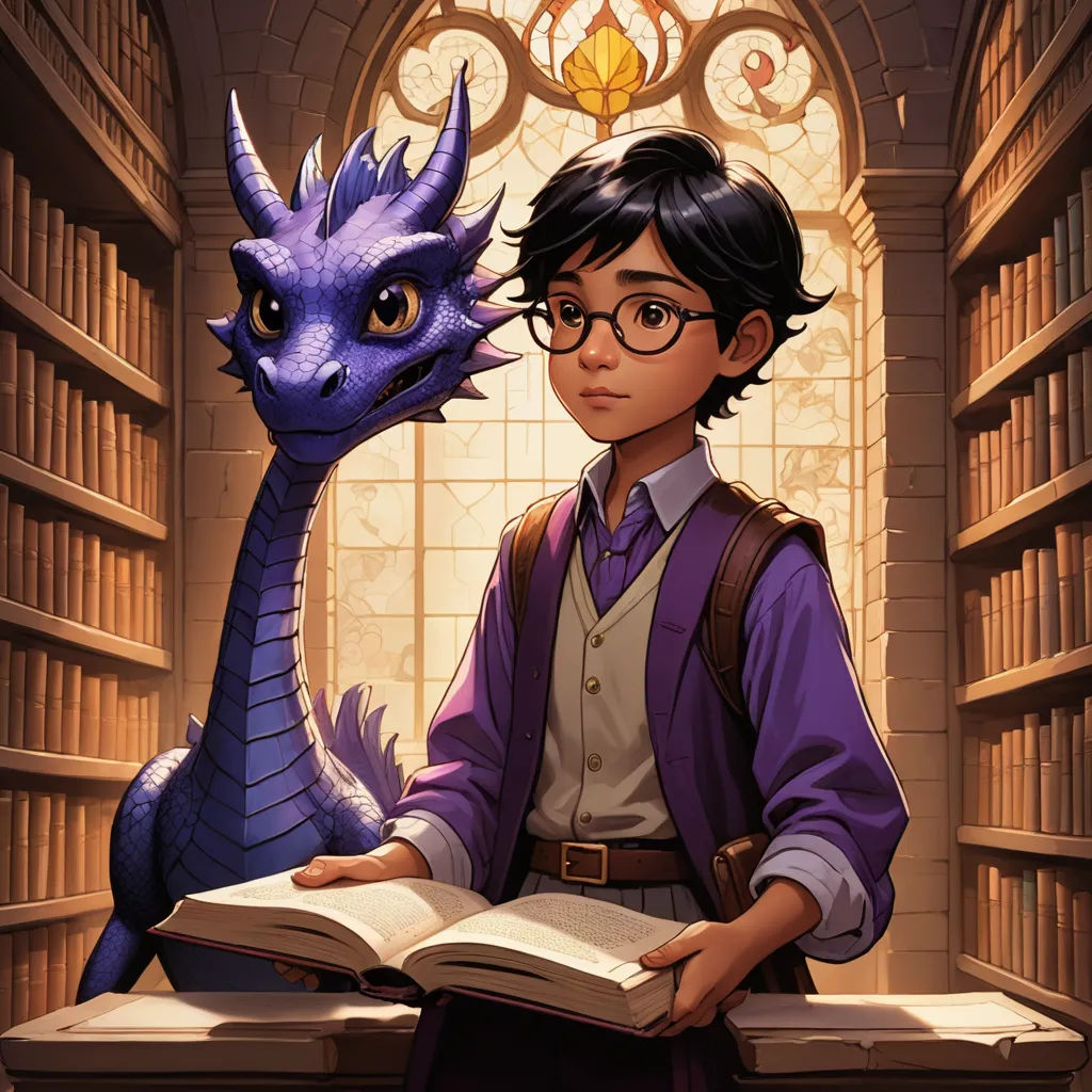 a boy is reading a book with a dragon on his shoulder in a library with a window behind him, fantasy art, a character portrait, Diego Gisbert Llorens, official art