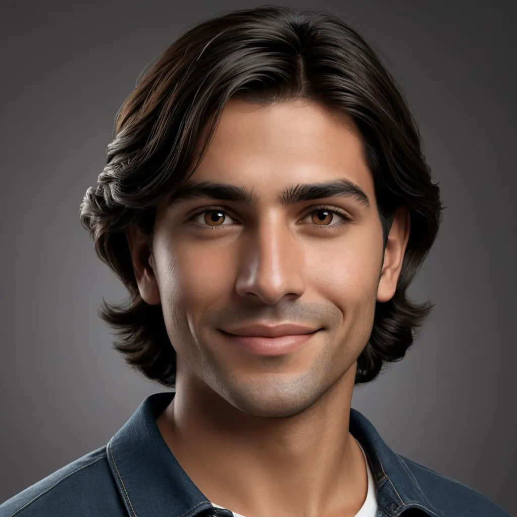 a man with a beard and a denim jacket smiling at the camera with a smile on his face and a gray background, photorealism, a computer rendering, Fathi Hassan, head and shoulders portrait
