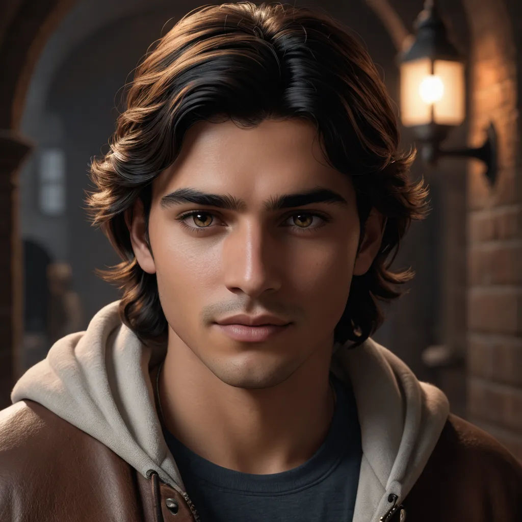a man with long hair and a brown jacket is looking at the camera with a serious look on his face, photorealism, a photorealistic painting, Cedric Seaut (Keos Masons), unreal render