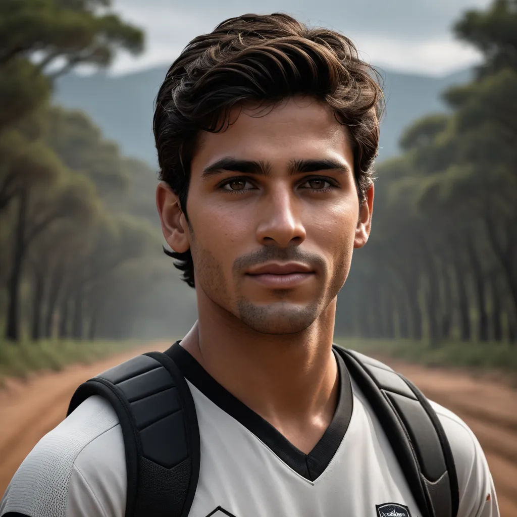 a man with a backpack on a dirt road in the woods with trees in the background and a sky with clouds, photorealism, a character portrait, Chris LaBrooy, 8k photorealistic