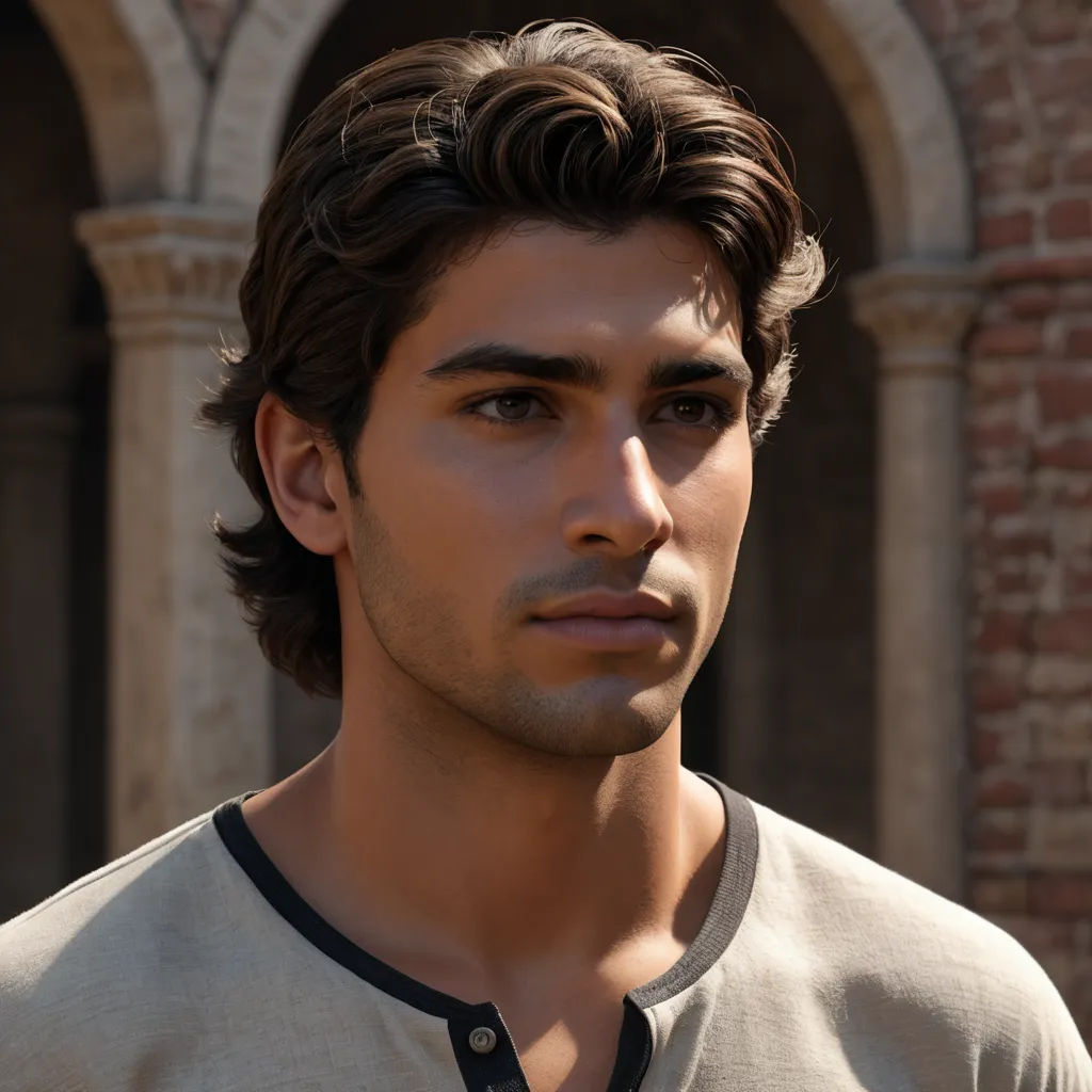 a man with a beard and a ring around his neck looking at the camera with a brick building in the background, photorealism, a photorealistic painting, Cedric Seaut (Keos Masons), unreal engine highly rendered