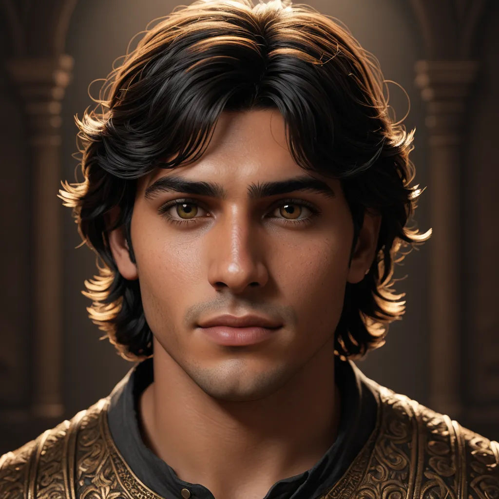 a man with a beard and a gold shirt on is looking at the camera with a serious look on his face, photorealism, a character portrait, Cedric Seaut (Keos Masons), unreal render