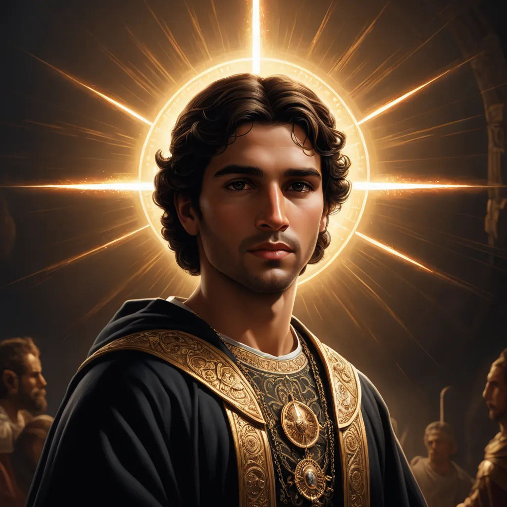 a painting of a man in a black robe with a cross in the background and a halo above him, pre-raphaelitism, a digital painting, Donato Giancola, radiant light