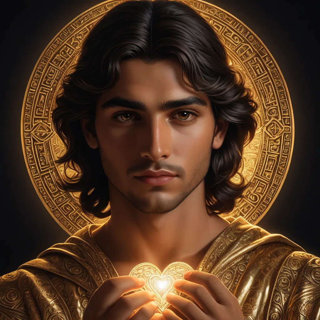 a man holding a heart in his hands with a golden halo around him and a black background with a gold border, pre-raphaelitism, a digital painting, Edwin Georgi, highly detailed digital painting