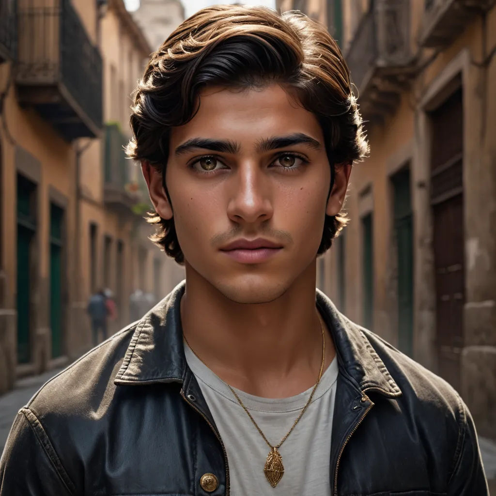 a man with a black jacket and a white shirt is standing in a narrow alleyway with a clock tower in the background, photorealism, a character portrait, Anthony Angarola, promotional image
