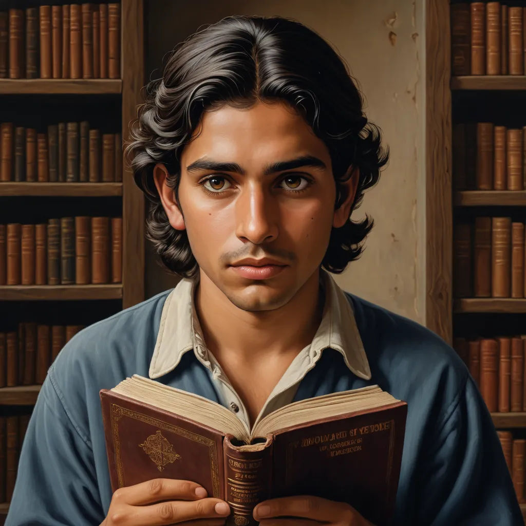 a man is reading a book in a library with bookshelves behind him and a painting of him, hyperrealism, a photorealistic painting, Aaron Jasinski, photorealistic portrait
