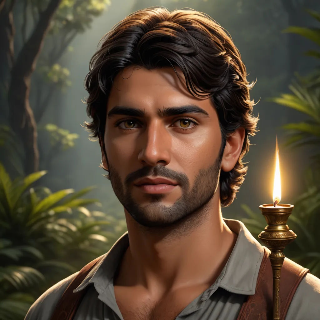 a man with a candle in his hand in a jungle setting with a tree and bushes in the background, fantasy art, a character portrait, Cedric Seaut (Keos Masons), fantasy character portrait