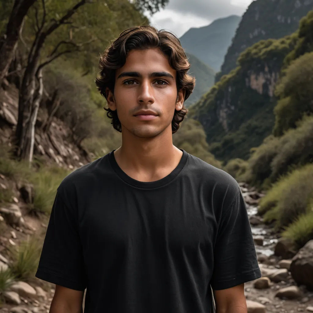 a man standing in front of a mountain stream with a forest in the background and a mountain range in the distance, naturalism, a character portrait, Federico Uribe, portrait photography