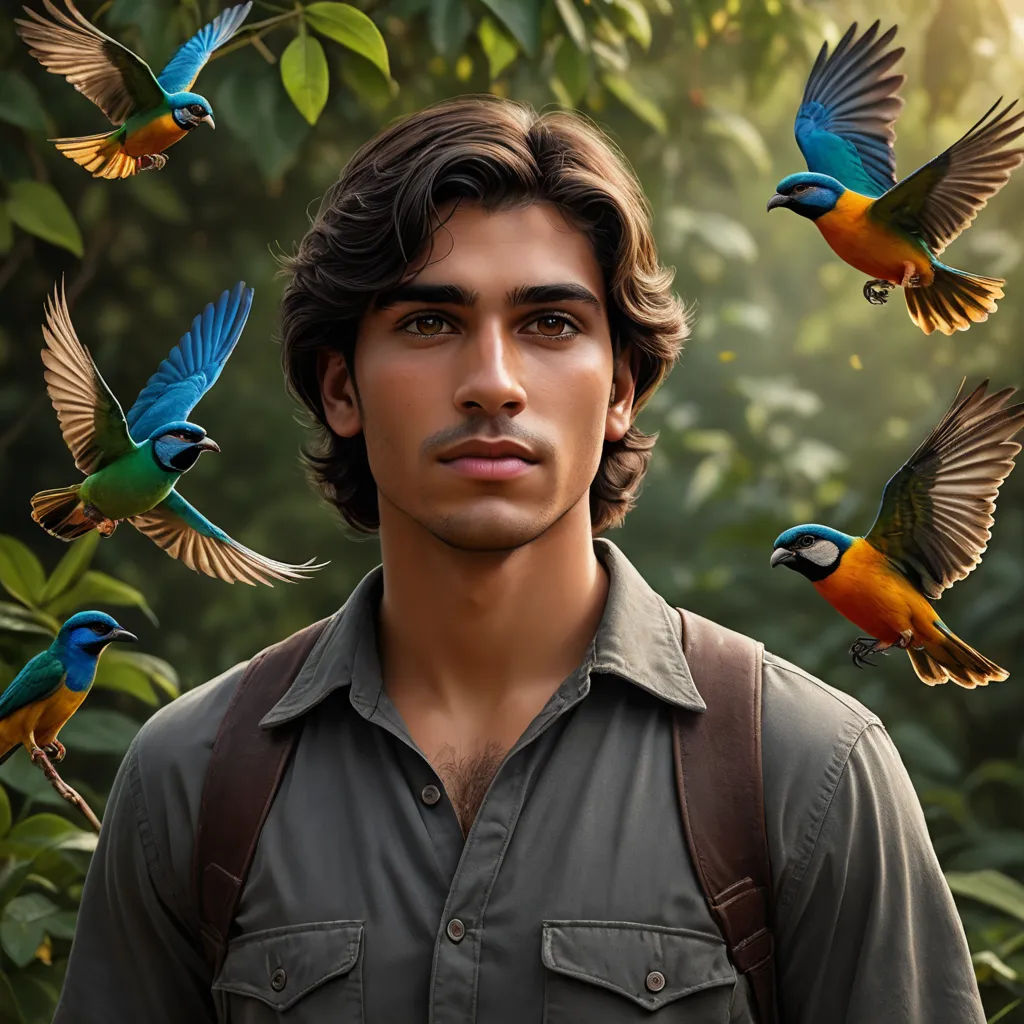a man with a backpack and birds flying around him in the air above him is a forest with trees and leaves, cloisonnism, a character portrait, Chris LaBrooy, promotional image