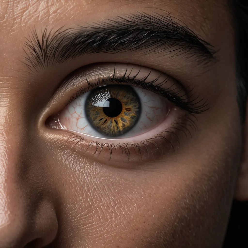 a man with a brown eye and a black background is shown in this image of a man's eye, photorealism, a 3D render, Christian W. Staudinger, realistic eyes