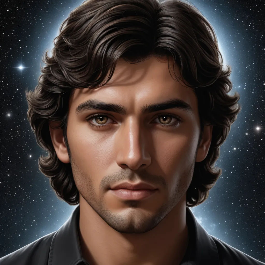 a man with a black shirt and a black shirt on and a star in the background with a sky full of stars, figurative art, an ultrafine detailed painting, Cedric Seaut (Keos Masons), highly detailed digital painting