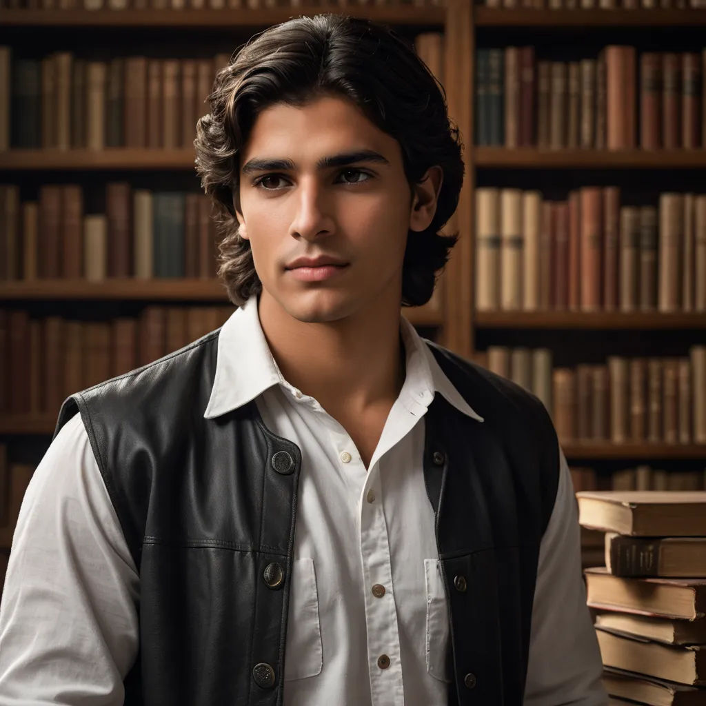 a man in a library with a bookcase behind him and a book in the background with a man in a vest, pre-raphaelitism, a character portrait, Alesso Baldovinetti, promotional image