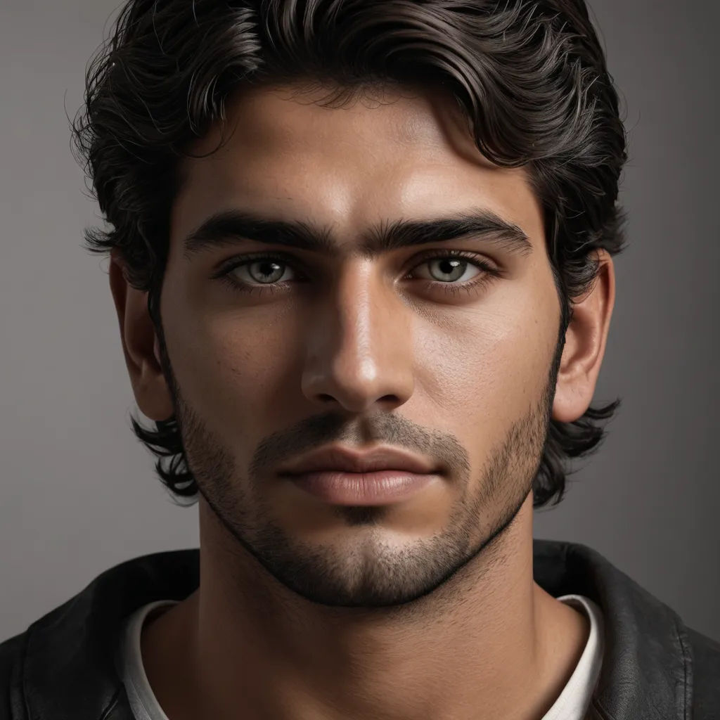 a man with a beard and a leather jacket on a gray background with a black jacket on his shoulders, photorealism, a photorealistic painting, Ahmed Karahisari, realistic shaded perfect face