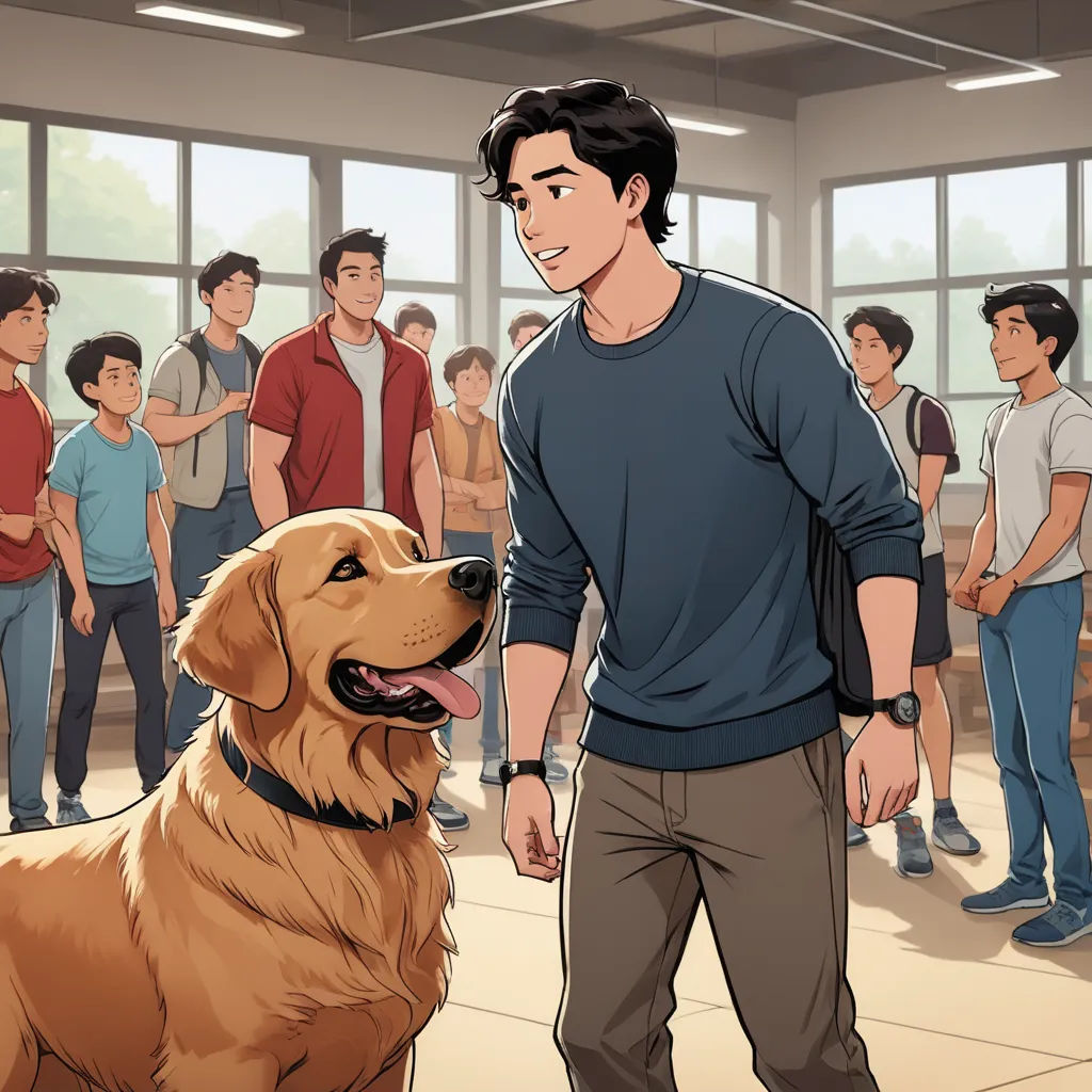 a man standing next to a dog in a room full of people with a dog on the floor and a dog on the ground, furry art, a comic book panel, David Park, official art