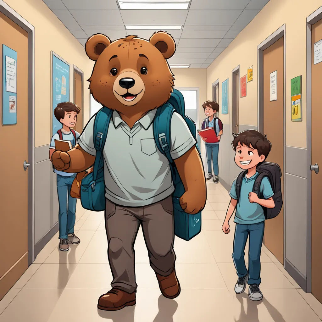 a man with a backpack and a bear in a hallway with other people in the background illustration by alex krawc, furry art, a storybook illustration, Diego Gisbert Llorens, storybook illustration