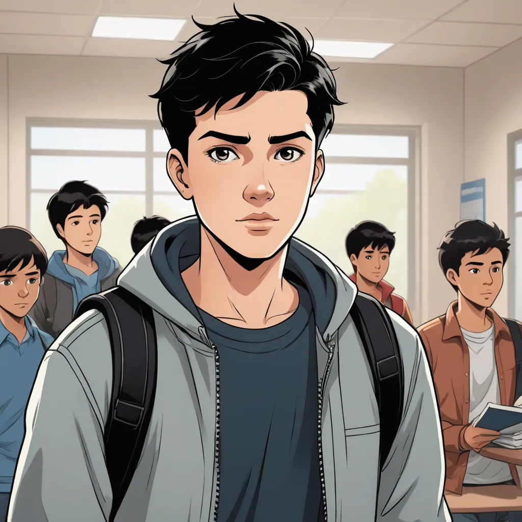 a man with a backpack standing in front of a group of people in a classroom with a book in his hand, vancouver school, a comic book panel, Cedric Seaut (Keos Masons), graphic novel