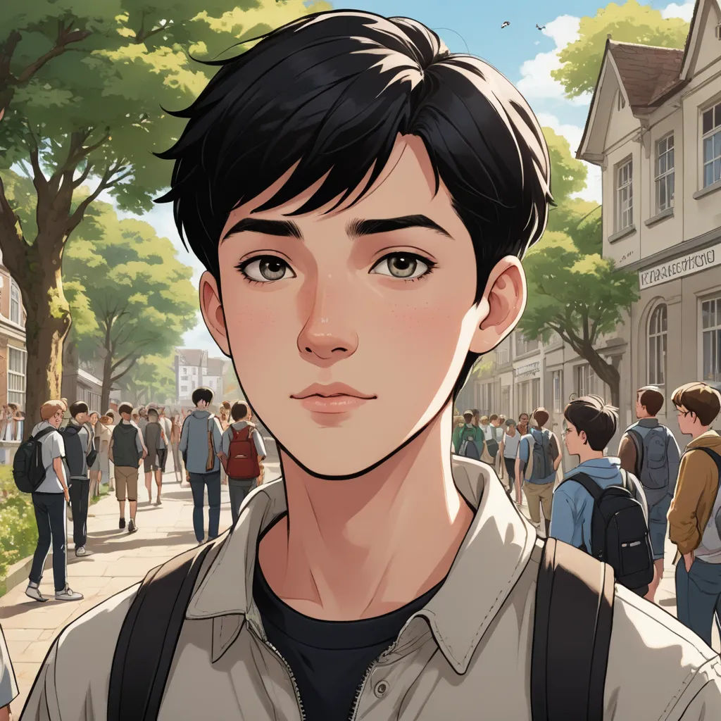 a man with a backpack standing in front of a crowd of people on a street with buildings and trees, paris school, a character portrait, David Park, official art