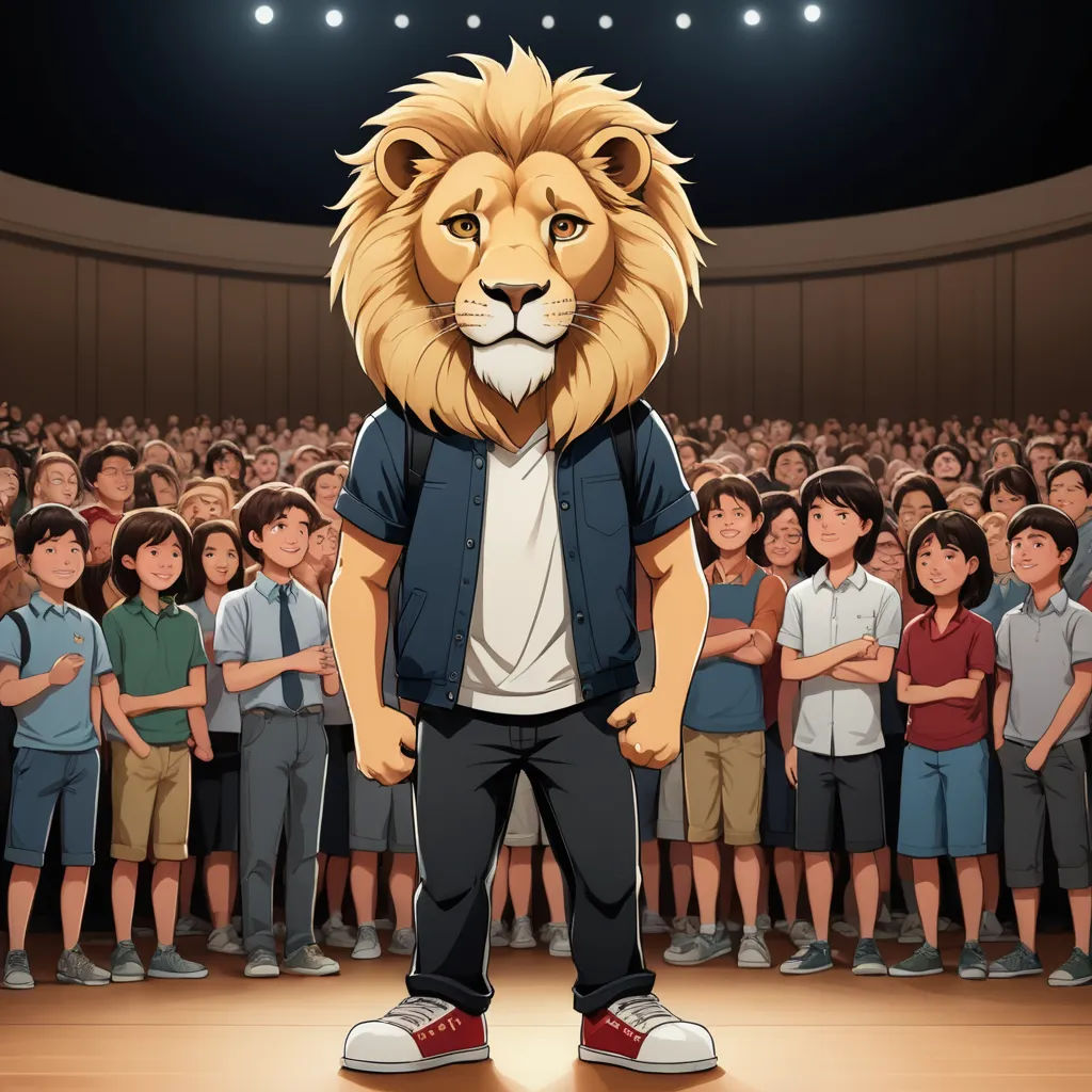 a lion mascot standing in front of a crowd of people in a theater auditorium with a microphone in his hand, lyco art, concept art, Chris LaBrooy, official art