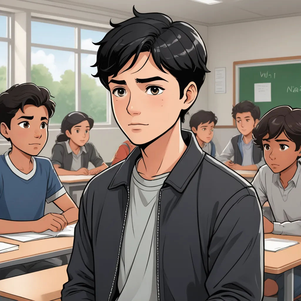 a cartoon of a man in a classroom with other students in the background, looking at the camera, with a serious look on his face, sots art, a comic book panel, Adam Manyoki, official art