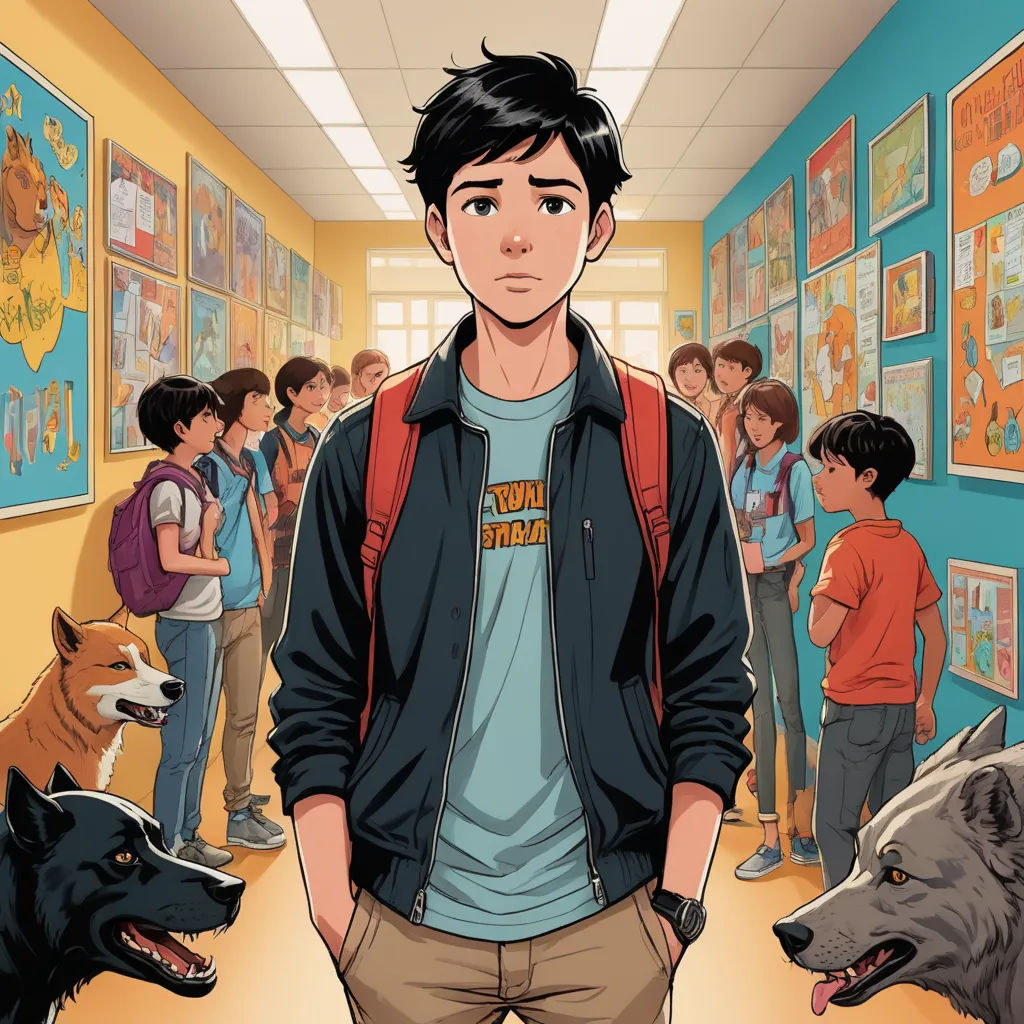 a man standing in a hallway with a group of dogs around him and a man in a red jacket, sots art, a comic book panel, David Park, comic cover art