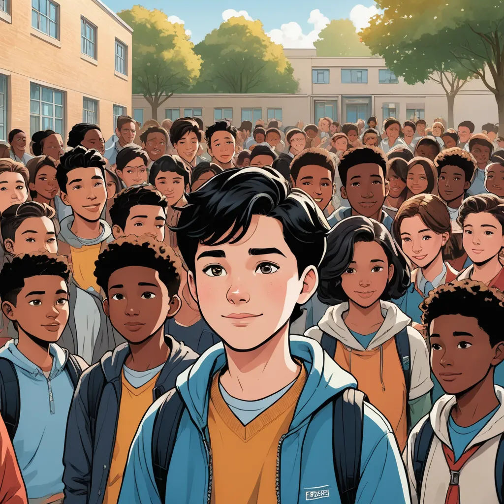 a crowd of people standing in front of a building with a boy in the middle of the crowd looking at the camera, vancouver school, a comic book panel, Asaf Hanuka, graphic novel
