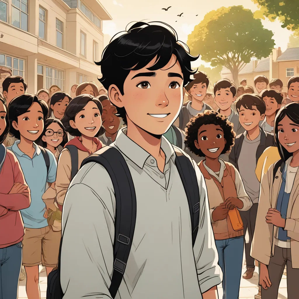a cartoon of a man standing in front of a crowd of people with a smile on his face and a backpack on his shoulder, vancouver school, a comic book panel, David Park, official art