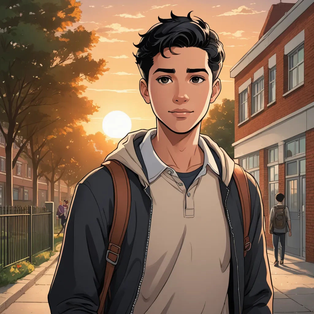 a man standing on a sidewalk in front of a building with a sunset behind him and a person walking down the street, sots art, a character portrait, Everett Warner, official art