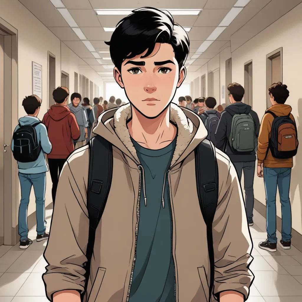 a man with a backpack standing in a hallway with a group of people behind him and a hallway with a bunch of doors, sots art, a comic book panel, David Park, graphic novel