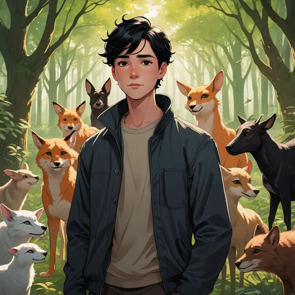 a man standing in front of a forest filled with animals and a forest of trees behind him is a group of foxes, furry art, a character portrait, David Park, official art
