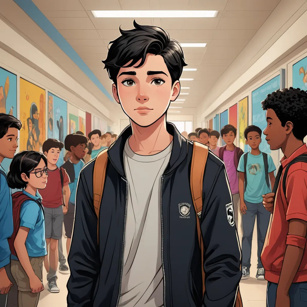 a boy in a school hallway with a backpack on his shoulder and a group of children in the background, serial art, a comic book panel, David Park, official art