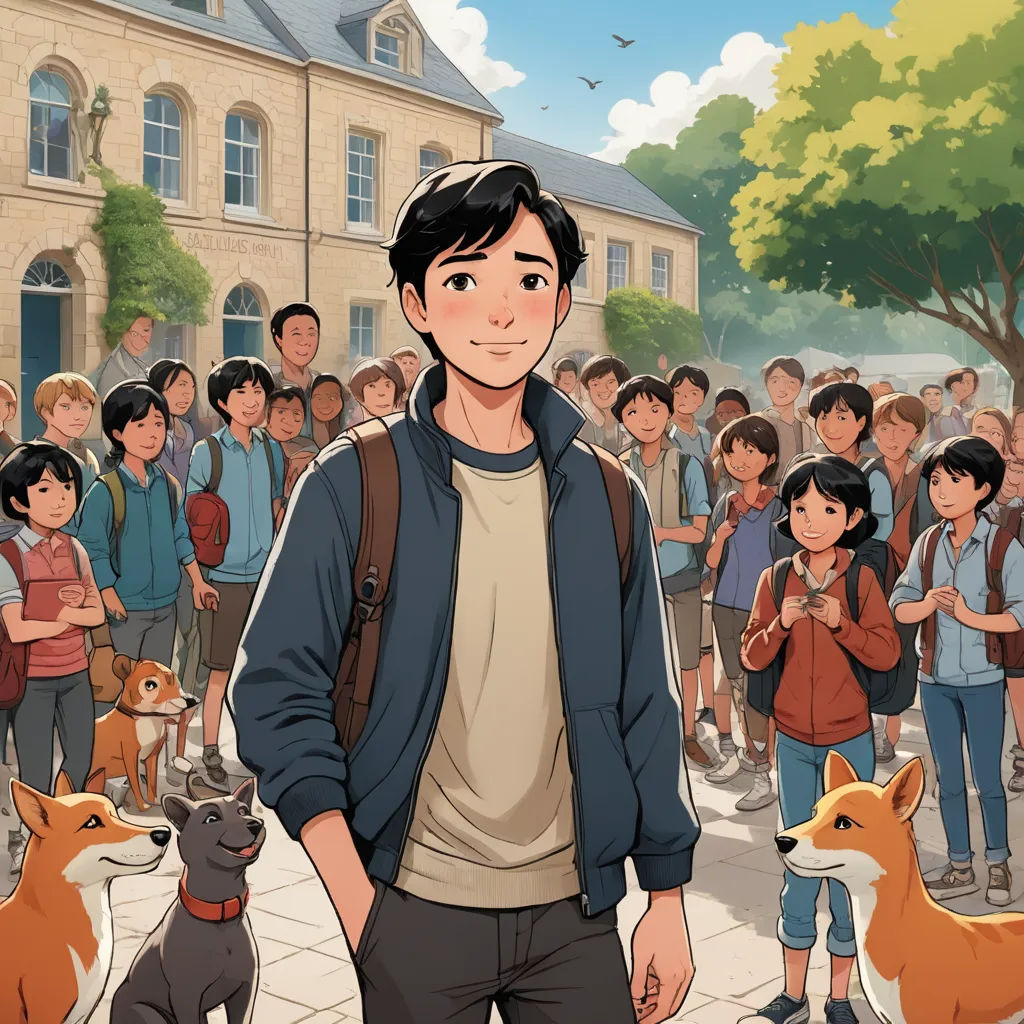 a man standing in front of a crowd of people with a dog on his back and a dog on his shoulder, paris school, a storybook illustration, Cedric Seaut (Keos Masons), official art