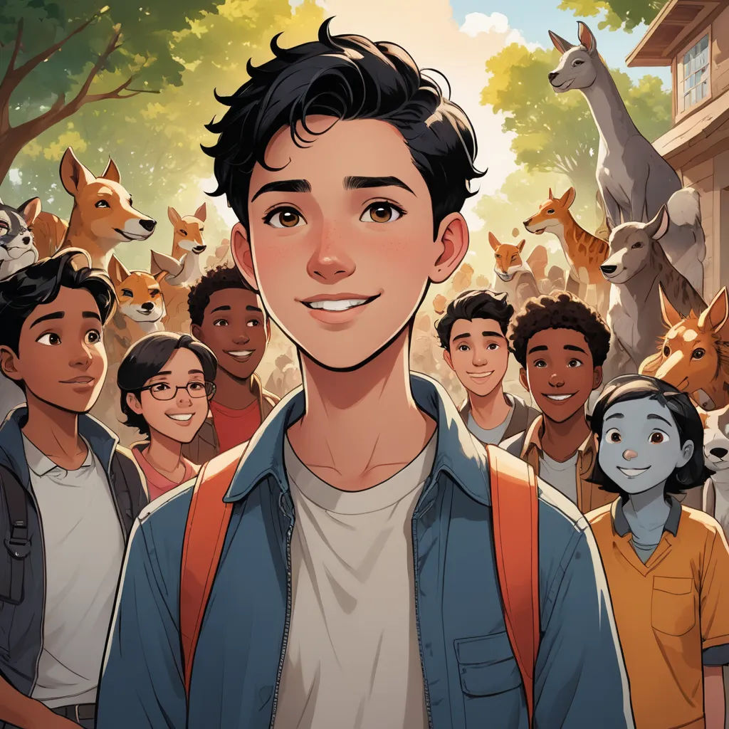a boy with a backpack standing in front of a crowd of people with animals on the background of him, furry art, a comic book panel, David Park, comic cover art
