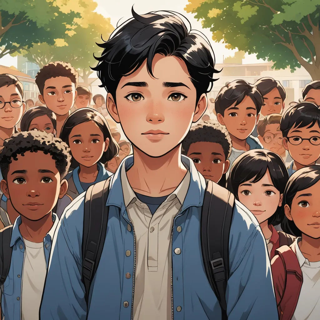 a boy with a backpack standing in front of a crowd of people in a cartoon style, with a tree in the background, vancouver school, a comic book panel, David Park, graphic novel