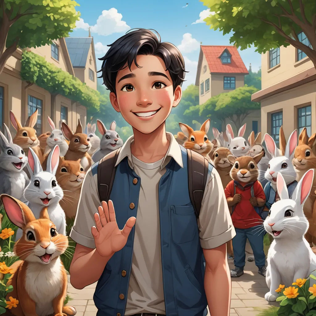a man standing in front of a bunch of rabbits in a village with a house in the background and a bunch of rabbits in the foreground, furry art, a storybook illustration, David Park, rossdraws global illumination